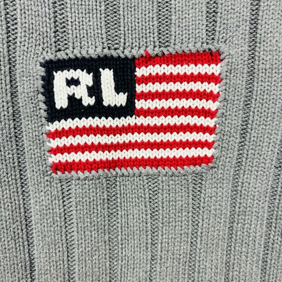 Vintage Polo Jeans Co Ralph Lauren Gray American Flag Chunky Rib Knit Sweater - Picture 2 of 6